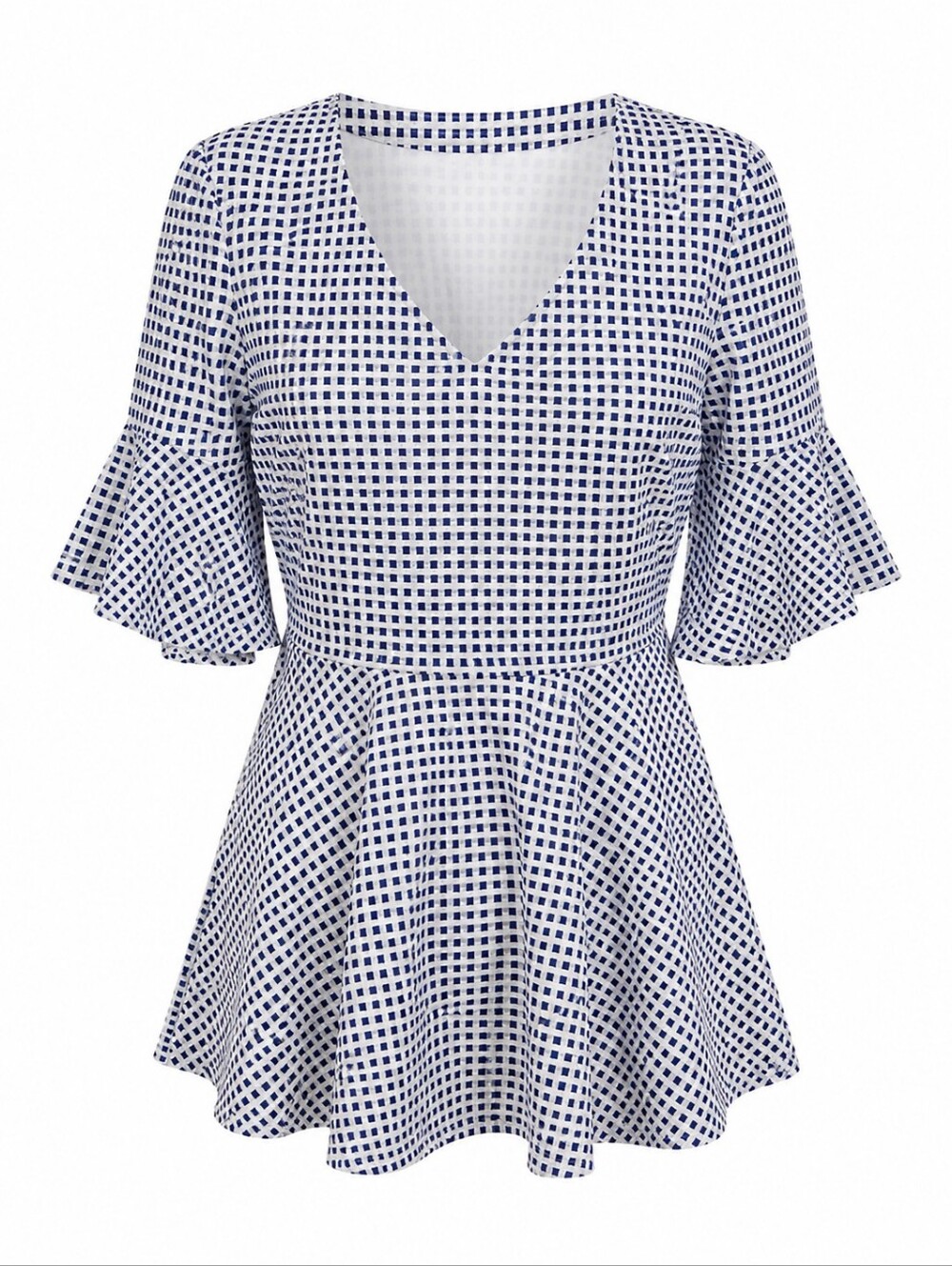 Marc Bouwer Navy & White Gingham V-Neck Peplum Top, Size Medium